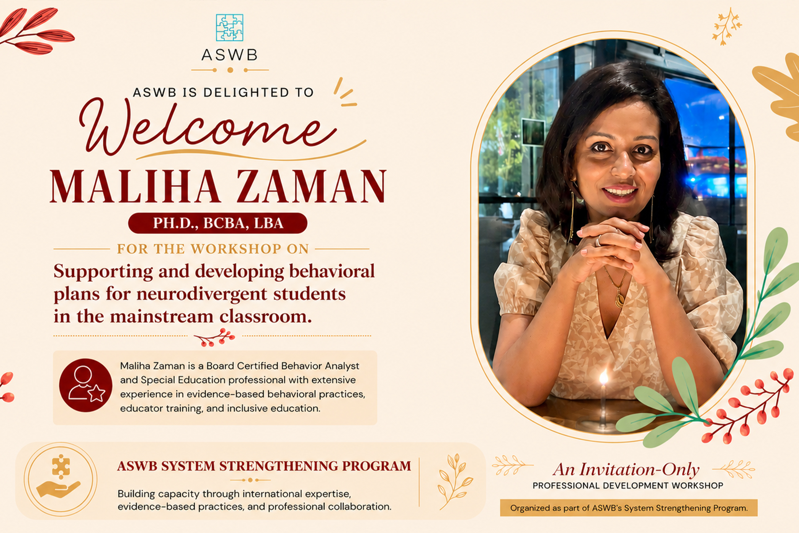 ASWB Welcomes Maliha Zaman for a Professional Development Workshop